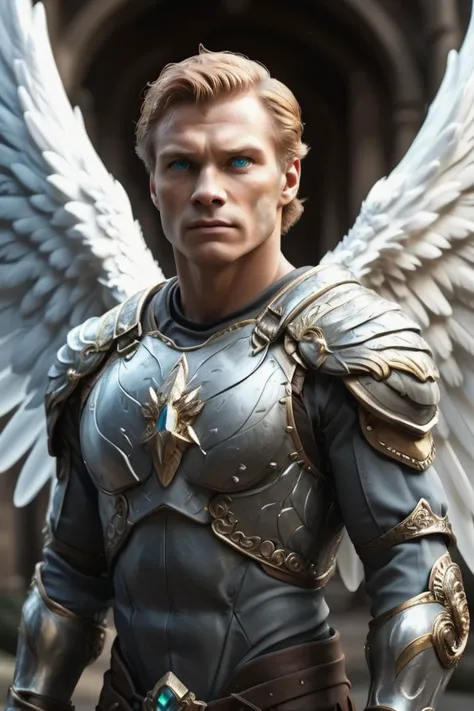 <lora:RPGAngelsXL:0.6>, <lora:fusionart_v3>,  <lora:fractalfairyarmor:1.0>, fr4ctal4rmor, angel, Angel wings:1.0, gem, realistic:1.3, male , feathered wings, detailed photo, adult (30s), slender Athletic build, Handsome, Blue eyes, (full shot:1.5), Red Hai...