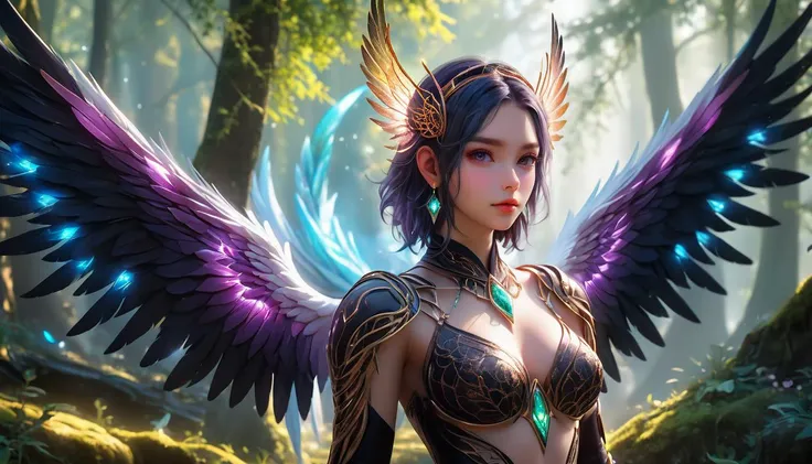 d3qck artstyle, <lora:d3qck artstyle:0.8> , In an ethereal realm where medieval darkness meets futuristic technology, stands a mesmerizing angelic figure. Her appearance is a perfect blend of ancient mystique and modern sophistication. With the face and st...