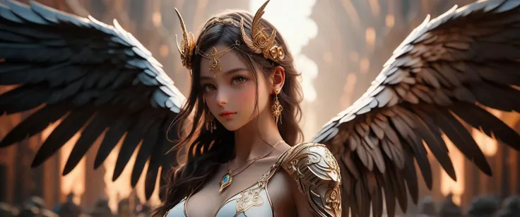 (white and gold), A cinematic photo of a marble cyborg angel, (solo:2), d3qck artstyle, <lora:d3qck artstyle:0.9>, In an ethereal realm where medieval darkness meets futuristic technology, stands a mesmerizing angelic figure. Her appearance is a perfect bl...