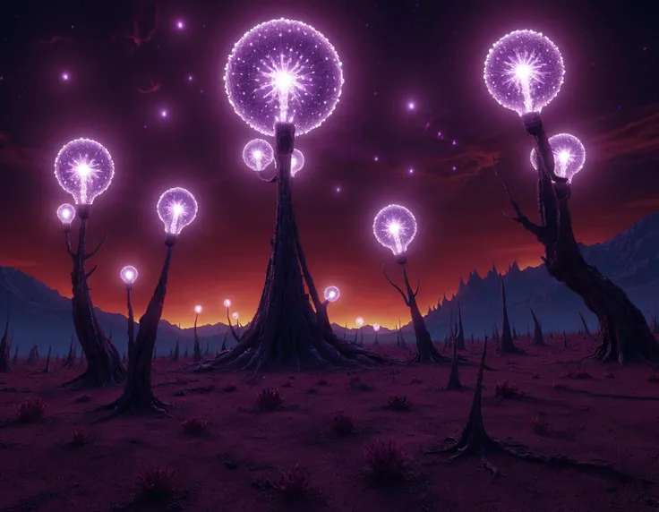 In this alien landscape, there are towering mountains made of a strange, glowing material that seems to emit its own light. The sky is a deep shade of purple, and two suns hang in the sky, casting long shadows across the terrain. Strange flora grows all ar...