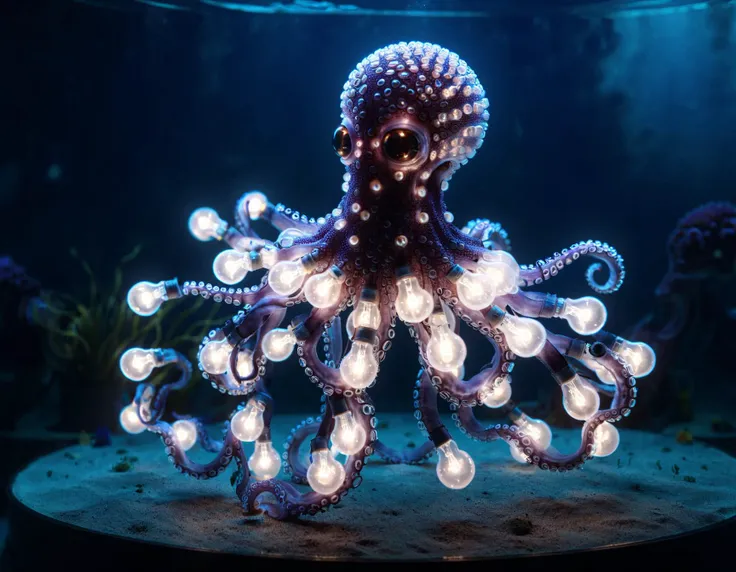 An octopus made entirely out of light bulbs floats gracefully in a glass aquarium filled with blue water. The octopuss body is composed of dozens of small, round light bulbs that emit a soft, warm glow. Each bulb is connected to the others by thin wires th...