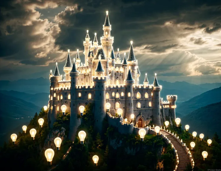 A magnificent castle made entirely of ivory stone, with turrets and spires that seem to reach up into the clouds themselves. The castle is perched on a mountaintop, surrounded by lush green forests and rolling hills. At night, the scene is illuminated by r...