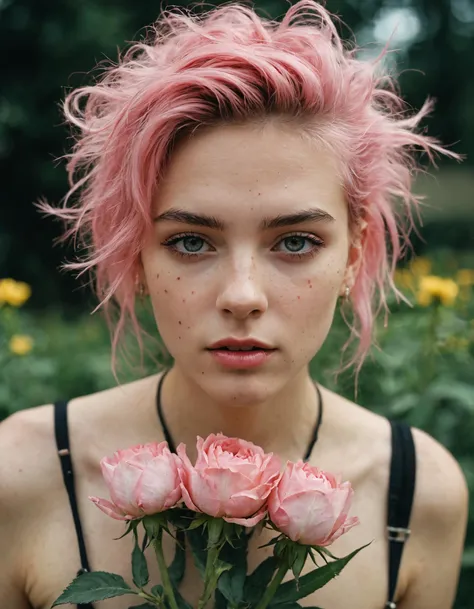 a close up of a person holding a bunch of flowers