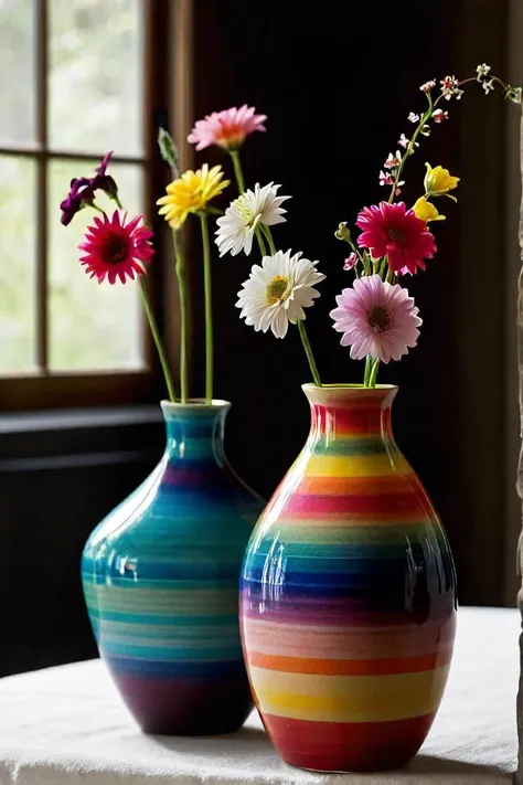 in the heart of a dimly lit room, three ceramic vases stand side by side on a delicate white cloth. the first vase, closest to us, is adorned with a multitude of vibrant, multi colored candy dots. as we move our gaze further back, the second vase reveals i...