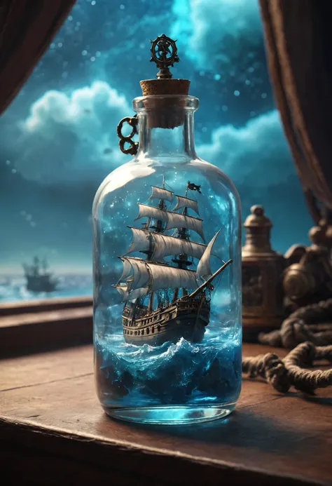 a glass bottle on its side containing a translucent blue sea nebula and majestic pirate ship, ethereal, cinematographic, Retroiluminado, espeluznante Tendencia en Artstation, ultra detallado, pintura mate, foto, arnold renderer Importado para pruebas. Regr...