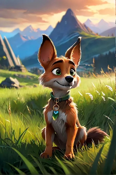 a cartoon fox sitting in the grass with mountains in the background