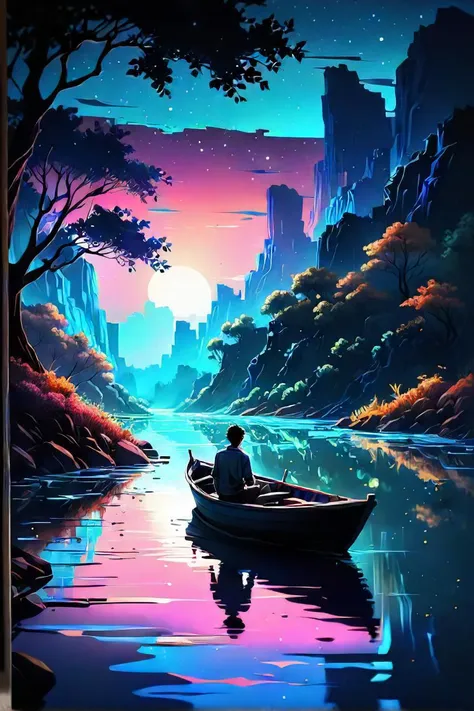 painting of a man in a boat on a river at night