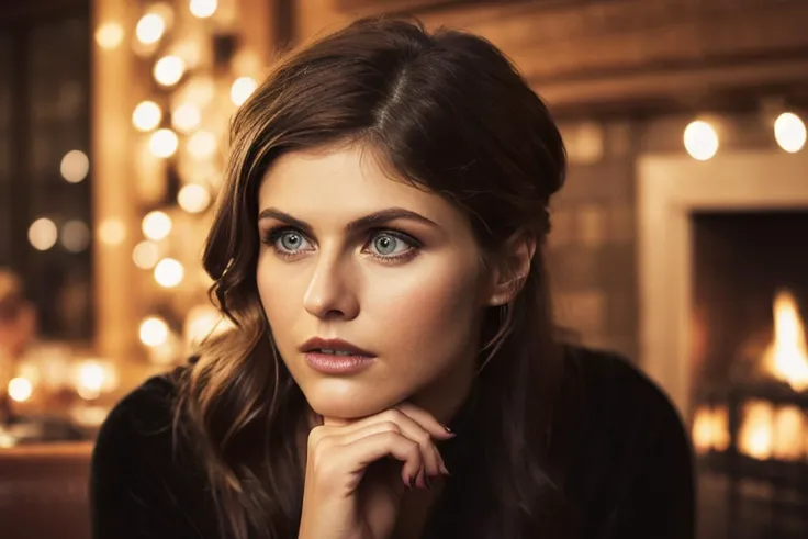 sks woman in cosy pub, sitting by a roaring fireplace. Looking into the camera. Dark, smokey makeup. Wearing a tight black dress. Night, dark, mood lighting. Matte skin, pores, hyperdetailed, hyperrealistic. Natural, realistic, photograph. <lyco:locon_alex...