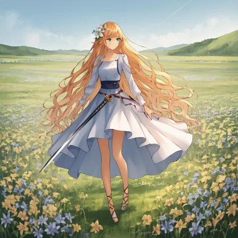 <lora:Goroku:1> 1girl, weapon , dress, high waisted skirt, sword, long hair, flowing hair, flower in hair,  knee length skirt, flower field,