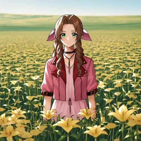 <lora:Goroku:1> 1girl,   Aerith, pink jacket, cropped jacket, field of flowers, yellow lillies, staff, facing viewer