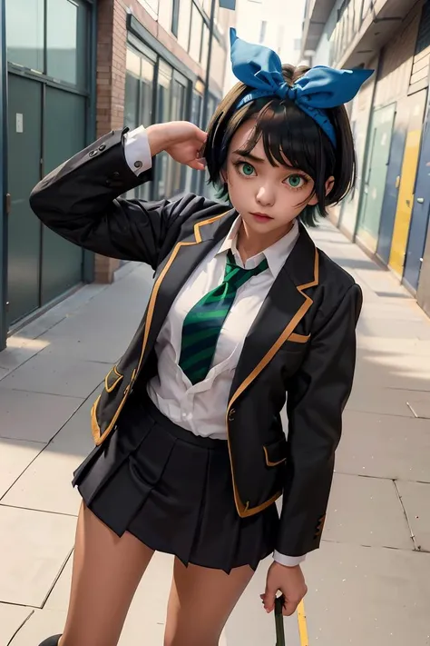 (masterpiece, best quality), 1girl,   <lora:sarashina_ruka:1> aaruka,blue hairband,short hair,bangs,long sleeves,school uniform,jacket,black jacket,blazer,open clothes,green necktie,(sweater vest:1.1),shirt,skirt,black socks,loafers,brown footwear