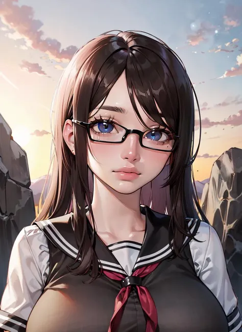 ((best quality)), ((highly detailed)), absurdres, extremely detailed face, beautiful face, (detailed eyes, deep eyes), (1girl), (glasses), upper body, schoolgirl, (outdoors, at a desert, rocks, morning, sunrise), <lora:JellyStyle:1>