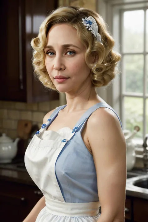 a photo of veraFarm1 wearing a milk maid dress, (blue milk maid dress), (upright pin curl hairstyle), (blonde hair), (kitchen background), elegant, highly detailed. vibrant, photorealistic, realistic, sharp focus, 8k