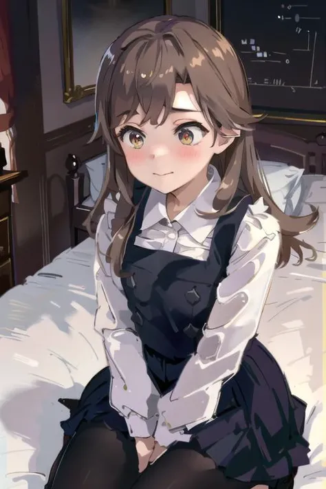 (masterpiece, best quality:1.2), illustration, 1girl, solo, arashio kai ni, brown hair, pinafore dress, frilled dress, white shirt, long sleeves, pantyhose, <lora:kancolle_arashiokaini-10:0.7>, indoor, blush, full-face blush, (embarrassed), looking away, k...