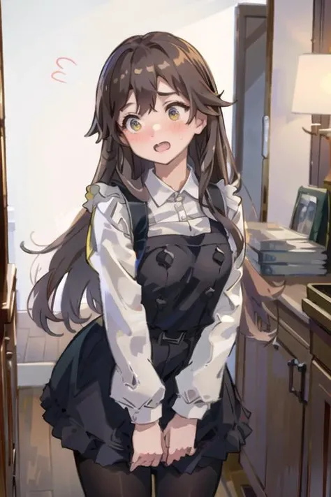 (masterpiece, best quality:1.2), illustration, 1girl, solo, arashio kai ni, brown hair, pinafore dress, frilled dress, white shirt, long sleeves, pantyhose, <lora:kancolle_arashiokaini-10:0.7>, indoor, blush, full-face blush, (embarrassed), looking away, k...