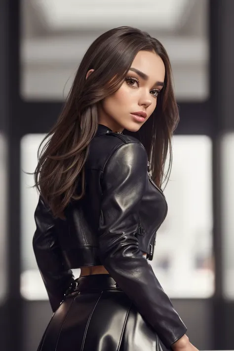 a woman in a black leather jacket and skirt posing for a picture