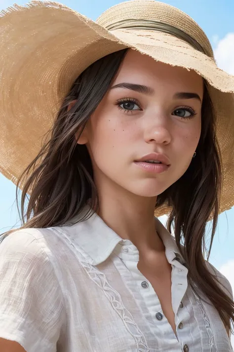 closeup headshot of S094_DakotaTyler, a beautiful woman, on the (beach:1.05), wearing a (linen-shirt), (sun-hat:1.1), (sunny-weather:1.2), (8k, RAW photo, best quality, ultra high res:1.2), (absurdres, intricate, photorealistic, masterpiece, ultra-detailed...