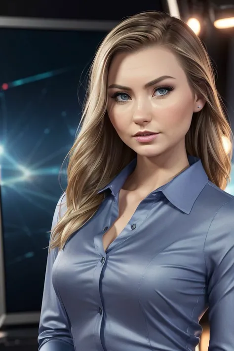 photo of S090_EmmaSirus, a gorgeous woman, as a (news-presenter), in a (TV-studio), wearing a (shirt:1.15), (8k, RAW photo, best quality, DOF, ultra high res:1.2), (absurdres, intricate, photorealistic, masterpiece, ultra-detailed, Unreal Engine:1.3)