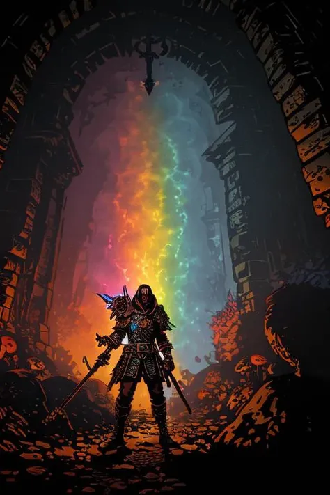 (darkest dungeon), ddstyle, (A portrait of a man with rainbow hair), glowing mushrooms, intricate, highly detailed, atmospheric background, dust, fog, (bokeh:1.3),(god rays:1.3)<lora:DarkestDungeonV1.1:0.4>