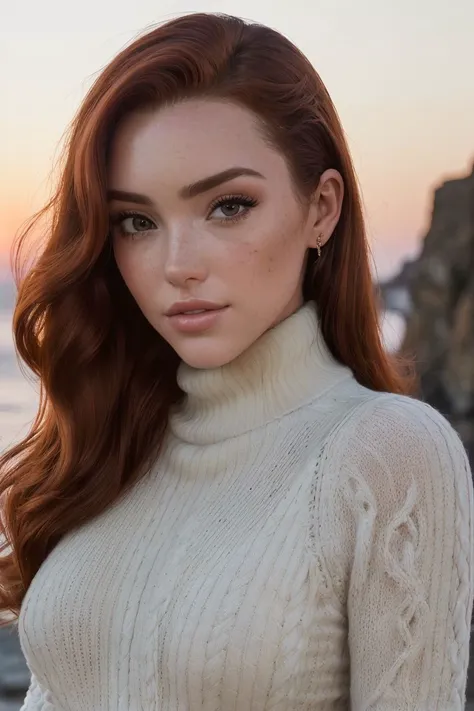 a woman with long red hair wearing a white turtle neck sweater