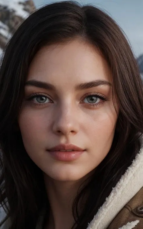 a close up of a woman with a jacket on in front of a mountain