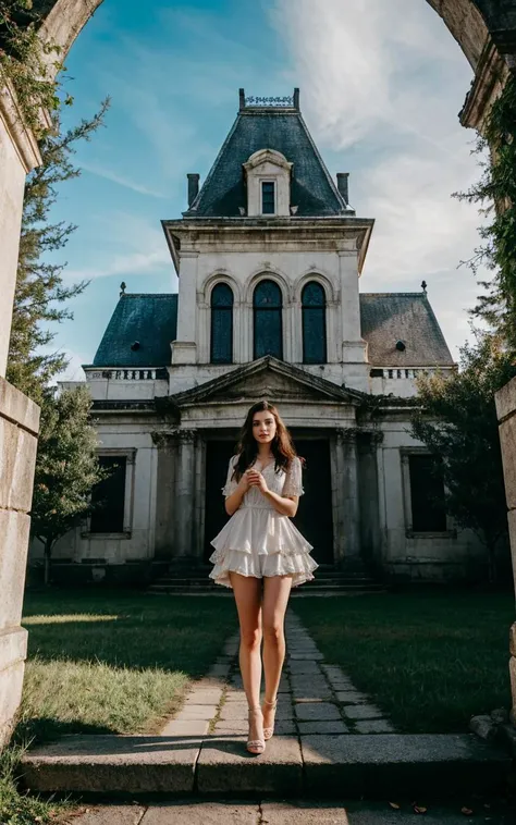 a woman in a white dress standing in front of a building