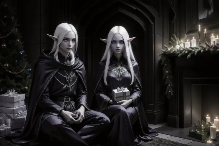 christmas morning, 1boy, 1girl, dark elves, drow, siblings, christmas tree, gloomy, grim, sitting on floor, holding (gifts), cave, dark, sconces, living room, hearth, <lora:drow_offset:0.8>, wearing simple pajamas, disapproving glare, robes, silk, white ha...