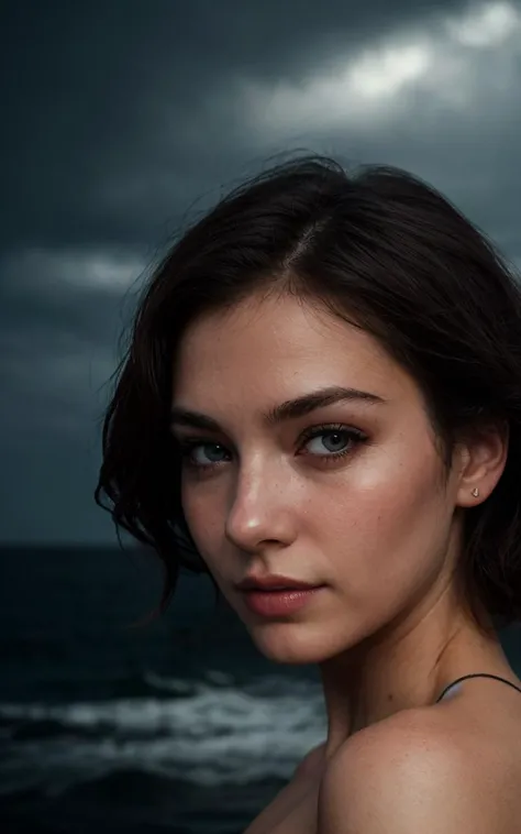 a close up of a woman with a black top on a beach