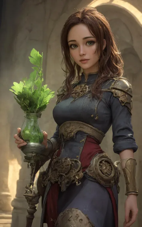 a woman in a blue dress holding a vase with a plant in it