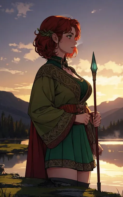 a woman in a green dress holding a spear standing on a hill