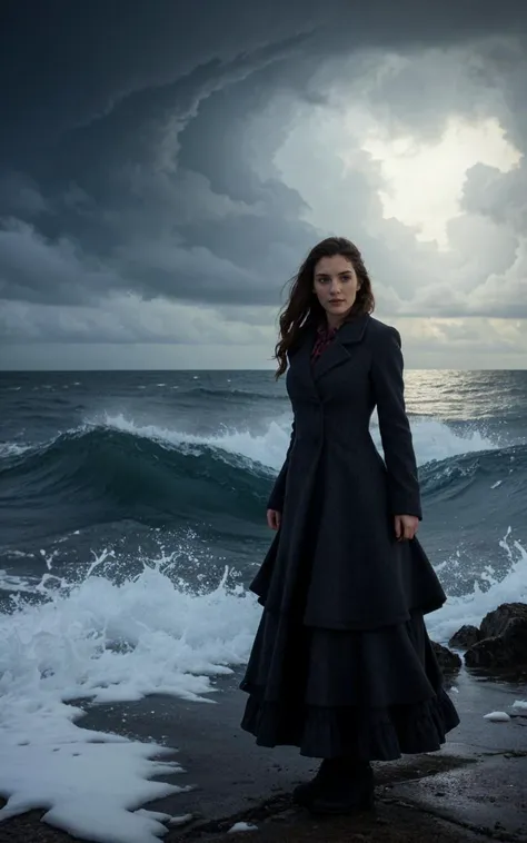 a woman in a long black coat standing on a rock near the ocean