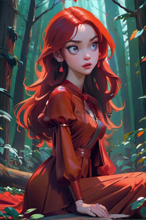 a woman in a red dress sitting on a rock in the woods