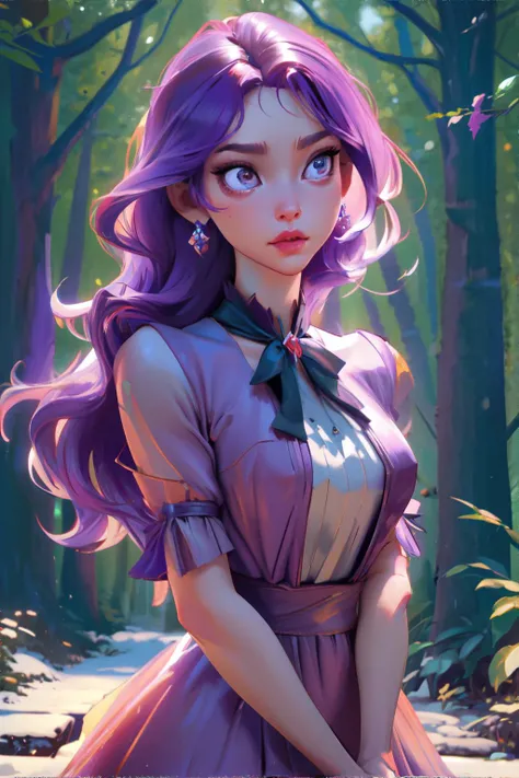 <lora:jellystyle:0.8>, beautiful woman wearing a flowing (purple|pink) dress, enchanted forest || masterpiece, perfect quality, sharp focus, shallow depth of field, 8k