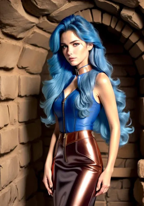 (((cowboy shot:1.5)))photo of  a 30 years old (0d4ddysg1rls2),(f),(((background A historic, stone-lined wine cave filled with dusty, aging bottles))), ,wide depth of field,( very long blue hair,:1.5) hair, (realistic:1.5), glossy lips, soft skin, elegant m...