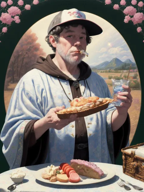 (art by Grandma Moses:1.0) , 8k Album cover of a Hyperpop, intricate details, [Hyperdetailed:Sacred:1] full-figured Man eating picnic, Sci-fi hairstyle, Inspirational Cloak, Trucker hat, Hazy conditions, deep focus, Masterpiece, Light caustics, F/14, Album...