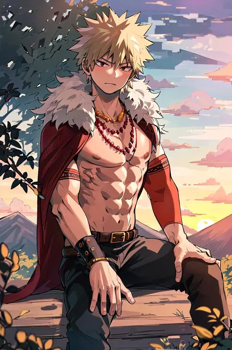 ((masterpiece,best quality, detailed)), 1boy, male focus, outdoors, mountain, horizon, nature, sunset, from side, sitting,
bakugou katsuki, necklace, red cape, topless male, detached sleeves, belt, muscular, fur trim, black pants, looking at viewer