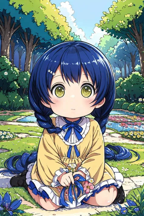 ultra detailed, sharp focus, best quality, masterpiece, colorful,  <lora:TadokoroMegumiLORA:0.9> tadokoro megumi, yellow dress twintails, sitting on the ground, 1 girl, happy chibi, flower field, flowers in hair best quality, masterpiece, intricate details