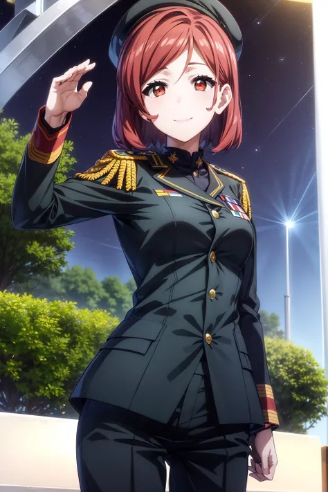 best quality, 1girl, solo, short hair, bangs, brown eyes, red hair, (green military uniform, black pants, black military hat:1.3), ariadoa_aria, smile, closed mouth, look at viewer, outdoor, night, night sky, military base, lights