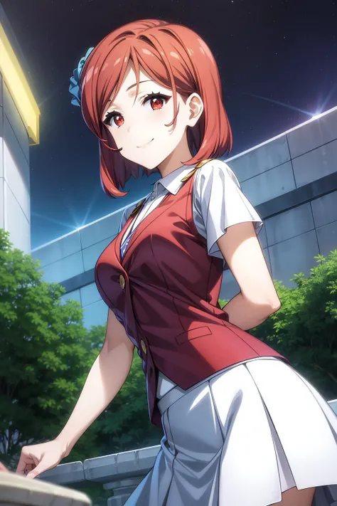 best quality, 1girl, solo, short hair, bangs, brown eyes, red hair, (white shirt, red vest, skirt:1.2), ariadoa_aria, smile, closed mouth, look at viewer, outdoor, night, night sky, lights