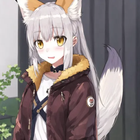 <lora:jun2:1>, jun, 1girl, animal ears, blush, fang, fox ears, fox tail, jacket, long hair, silver hair, tail, yellow eyes