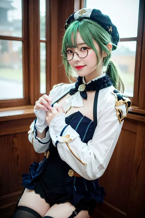 <lora:sucrose:0.8>, 1girl, sucrose (genshin impact), smile, vision (genshin impact), glasses, green hair, multicolored hair, long hair, ponytail, orange eyes, animal ears, hat, dress, long sleeves, gloves, garter straps, black thighhighs, test tube, dynami...