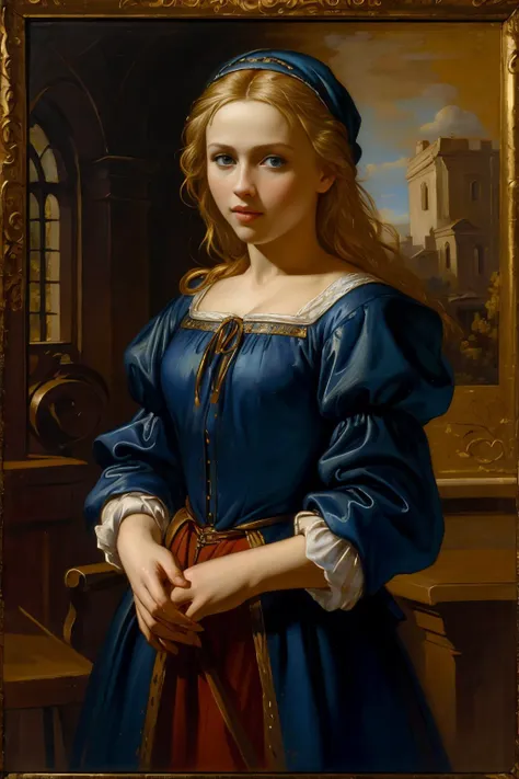 a close up of a painting of a woman in a blue dress