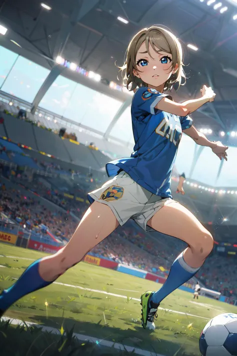 masterpiece, hires, 4k,ray tracing, beautiful and detailed art, realistic, slow motion, motion graphics, 1 anime girl, playing the soccer match, dutch angle,Watanabe you, light brown hair, blue eyes, short hair, <lora:yousoroLL_v4:0.6>,