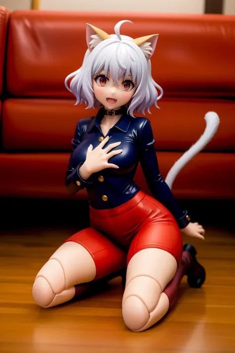 a close up of a woman in a cat suit sitting on a wooden floor