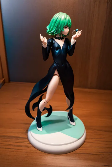 masterpiece, best quality, ultra detailed, doll joints, realistic, porcelain, action figure, doll, pole, tornado, terrible tornado, green hair, black dress,   <lora:opm_tatsumaki:1>, full body, standing,