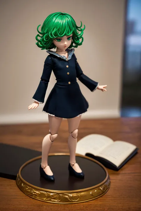 masterpiece, best quality, ultra detailed, doll joints, realistic, porcelain, action figure, doll, pole, tornado, terrible tornado, green hair, black dress,   <lora:opm_tatsumaki:1>, full body, standing,