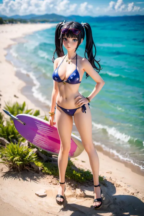 (Best quality,masterpiece,ultra realistic:1.3),1girl,mona (genshin impact),swimsuit,solo,breasts,bikini,purple bikini,jewelry,surfboard,twintails,navel,eyewear on head,full body,long hair,beach,looking at viewer,hand on hip,sunglasses,necklace,stomach,blue...