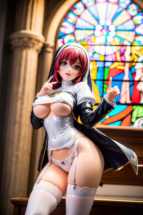 best quality,masterpiece,realistic,underboob,wardrobe malfunction, shirt wind lift,
(nun),breast curtains,pelvic curtain,
red hair,long sleeves,puffy sleeves,garter belt,lace panties,white thighhighs,thighs,habit,
1girl,solo,slim,slender,shiny skin,nice ha...