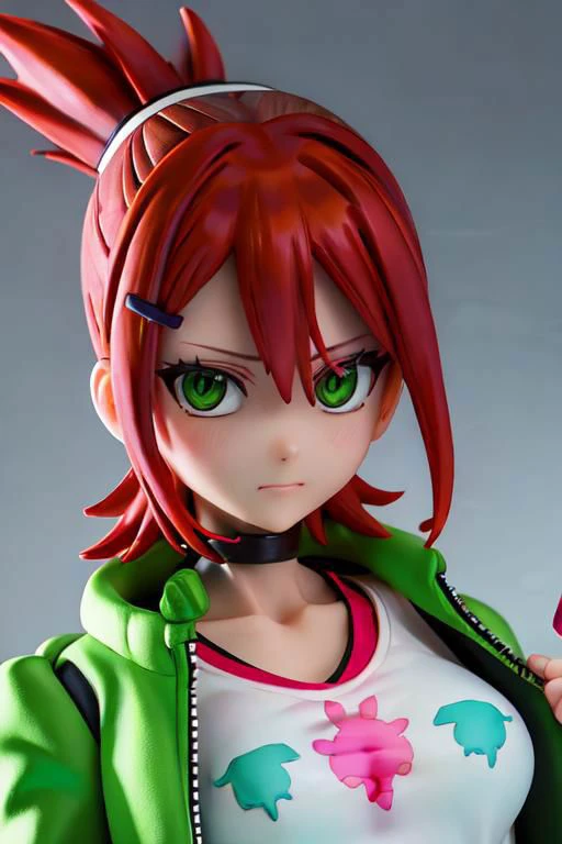 Laser vision, jacket, loose clothes, ponytail, Red hair, choker, hairclip, black choker,  green jacket,  , Frankie Foster,  , upper body, cropped top, close up,