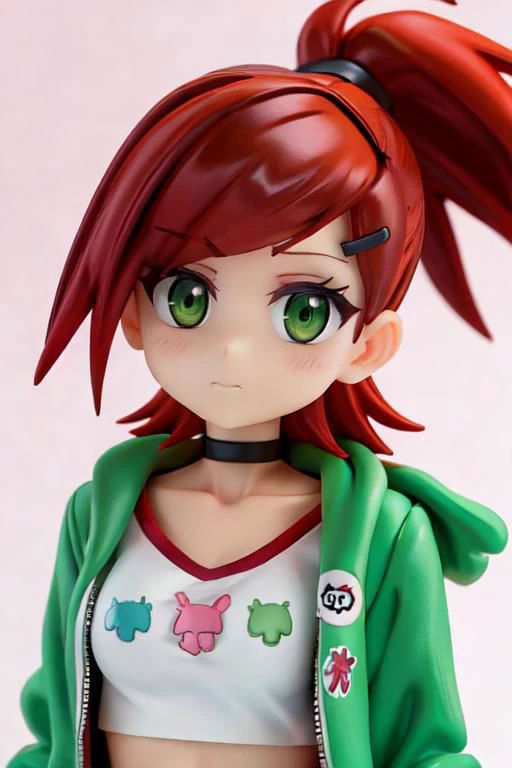 , jacket, loose clothes, ponytail, Red hair, choker, hairclip, black choker,  green jacket,  , Frankie Foster,  , upper body, cropped top, close up
